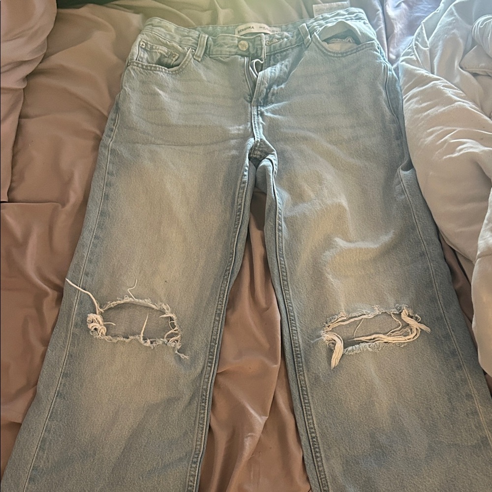 Bershka Light Blue Distressed Boyfriend Jeans